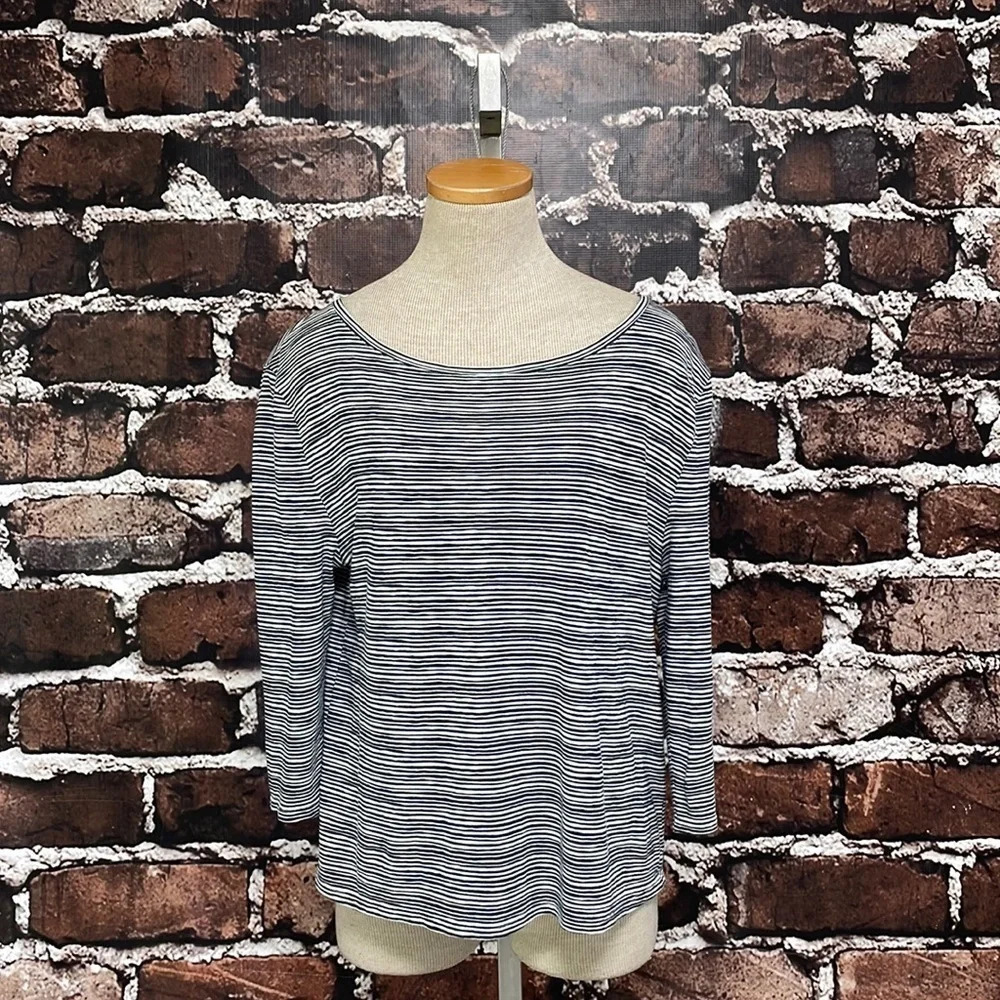 Garnet Hill Top T-Shirt Stripes Black White Linen Size Small